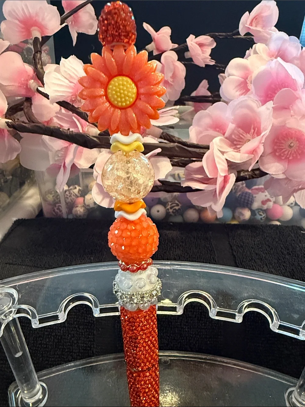 Handcrafted Orange Beaded Flower Pen - Unbranded
